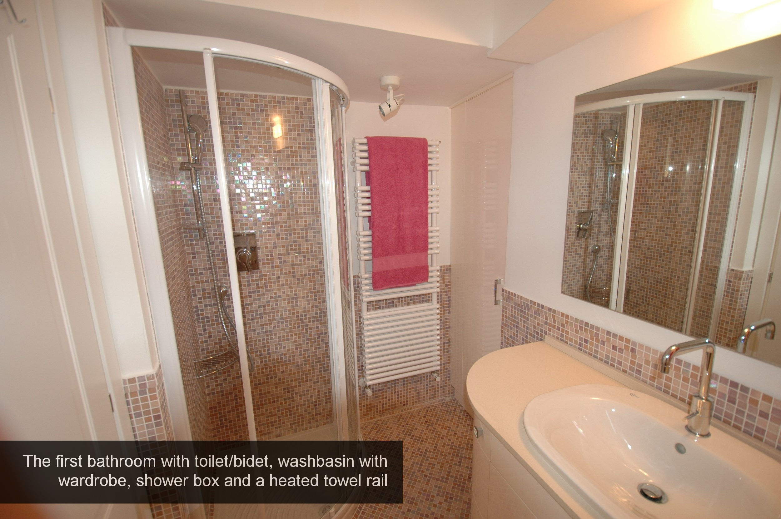 14) The first bathroom with box shower, washbasin, toilet bidet and wa...